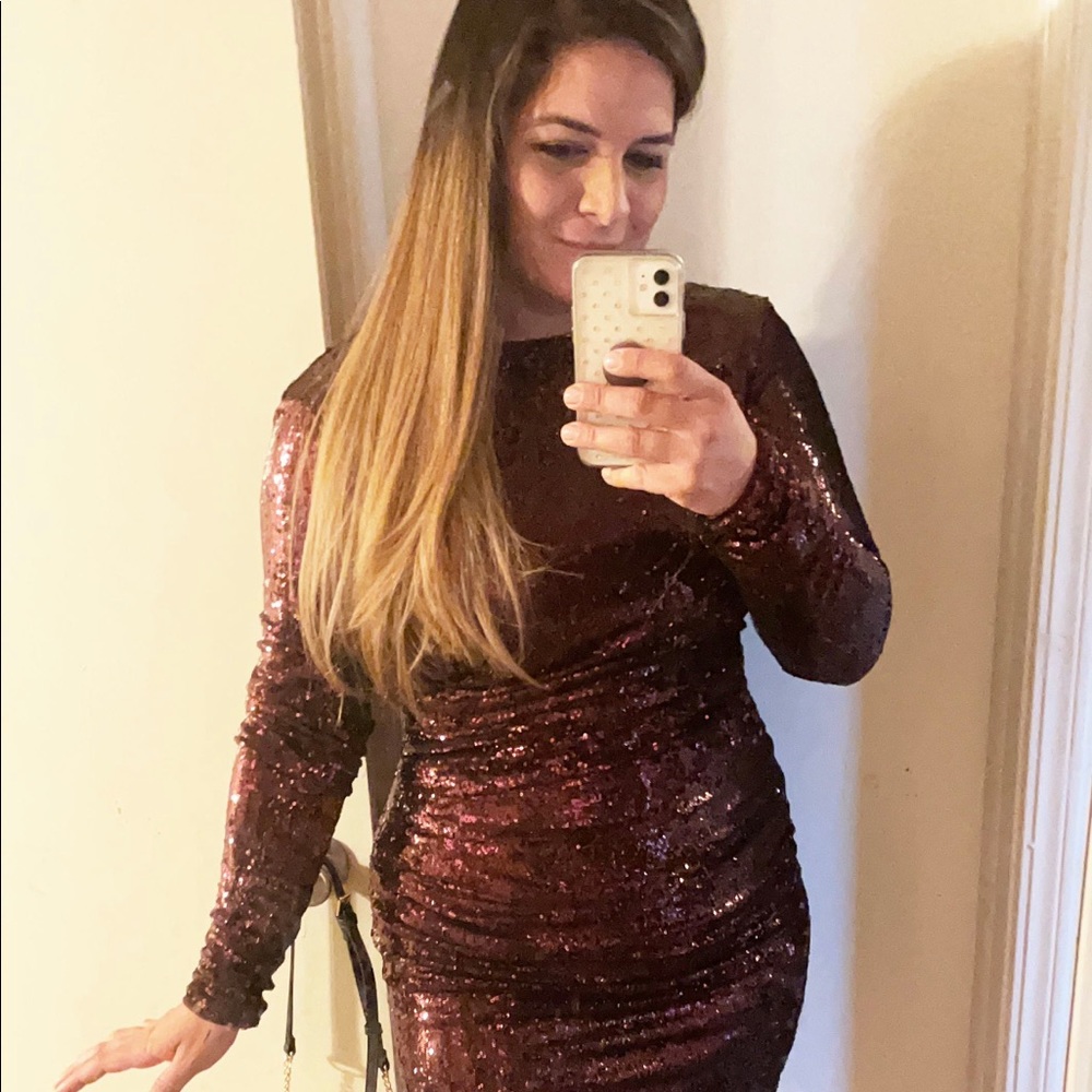 Dress the Population Red Long Sleeves Sequins Dress L